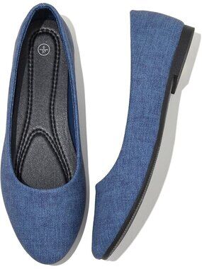 Women's Blue Denim PU Leather Non Slip Low Heel Slip on Ballet Loafer Flat Shoes